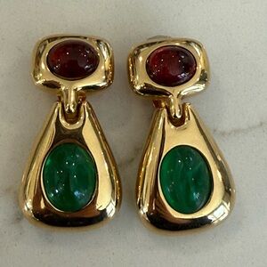 Ciner Clip on Elegant Gold Plated Earrings with Red & Green Stones